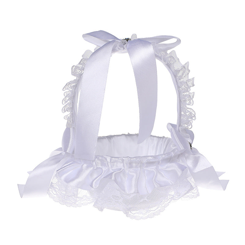 Vinimi Cestino Piccolo 13 * 18cm Decorativo per Matrimonio, Bianco con Pizzo e Fiocchi in Raso, Porta petali, fiori, centrotavolo