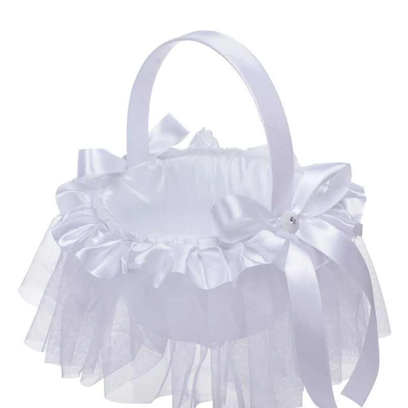 Vinimi Cestino Piccolo 13 * 18cm Decorativo per Matrimonio, Bianco con Pizzo e Fiocchi in Raso, Porta petali, fiori, centrotavolo