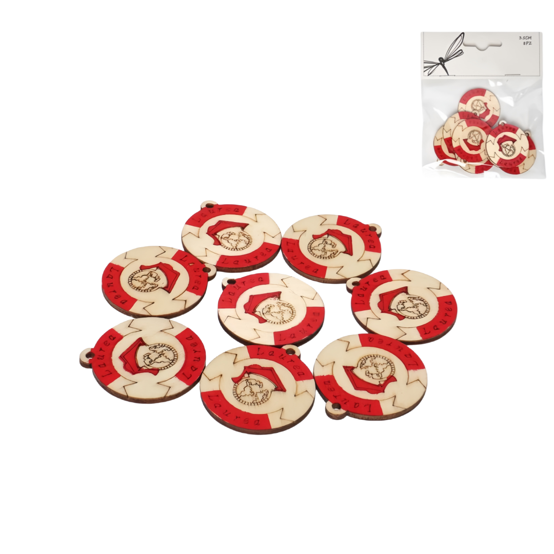 Medagliette in Legno per Laurea – Rosse, Ø 3,5 cm, Set da 8 Pezzi