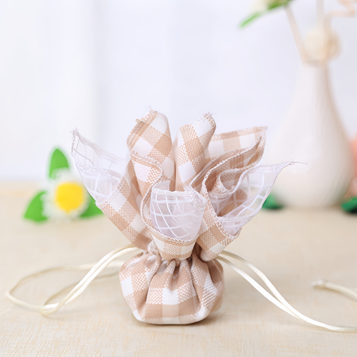 10 Sacchetti Portaconfetti Cotone Quadrata Con Tirante