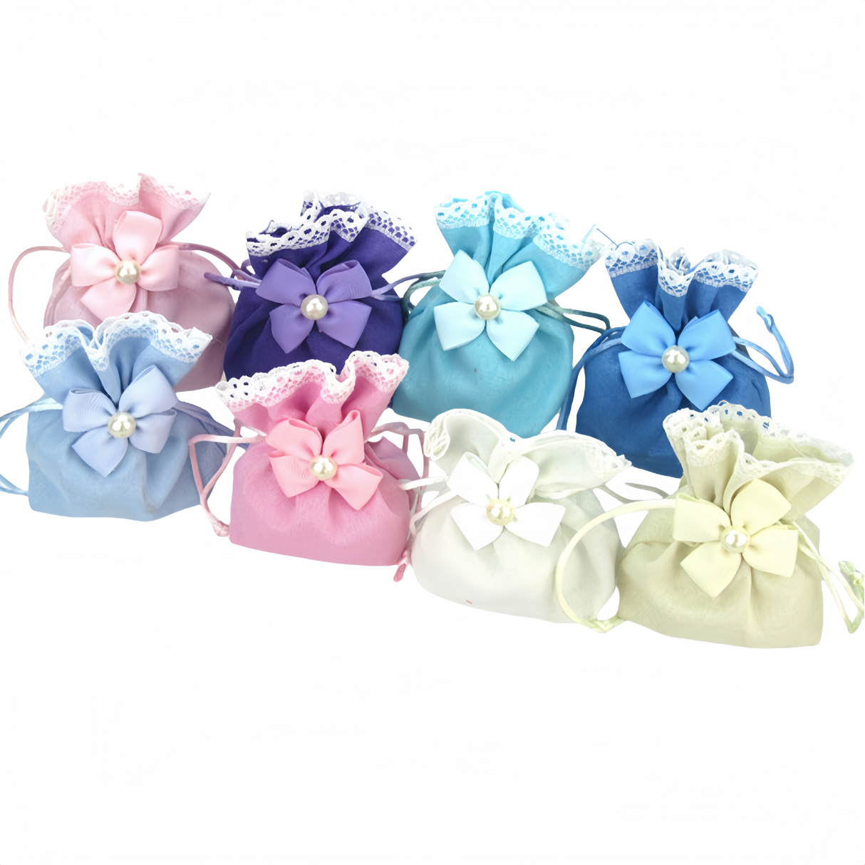 10x Sacchetti Portaconfetti con Tessuto Fiocco Perline Fiore Tirante
