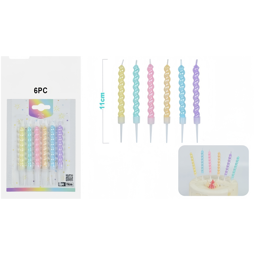 Set di 6 Candele a Spirale in Colori Macaron - Candele Eleganti e Colorate per Torte di Compleanno e Feste