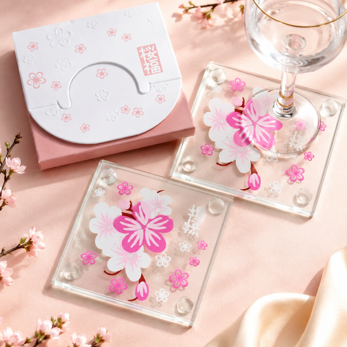 Set da 5 Sottobicchieri in Vetro Sakura, Elegante Design Floreale Giapponese, Regalo per Amici, Famiglia e Amanti della Cultura Giapponese