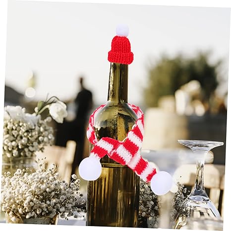 Set di Cappello Natalizia Rosso e Sciarpa a Strisce elastico lavorato a maglia, Decorazioni Natalizie per Bottiglie
