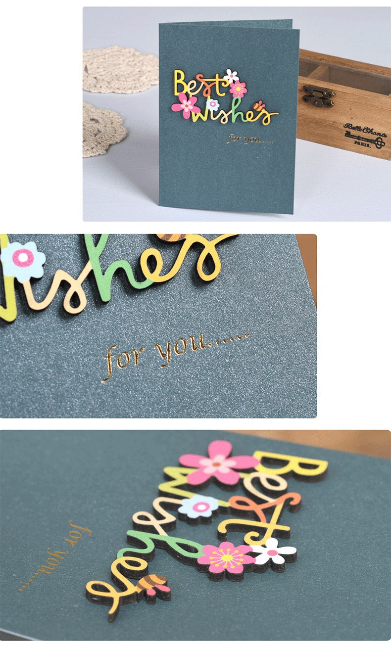 Biglietto di Auguri Elegante con Decorazioni Floreali Legno – Cartolina Regalo per Compleanno, Ringraziamento e Occasioni Speciali