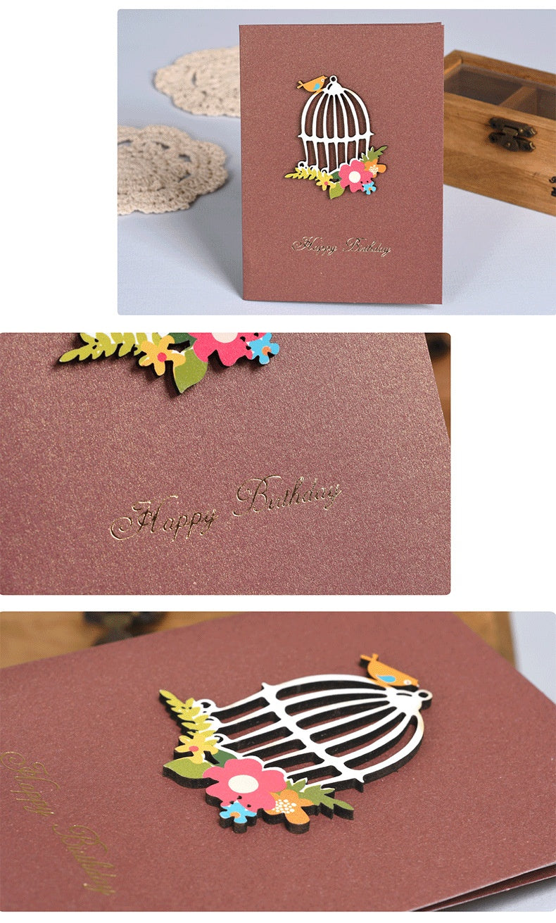 Biglietto di Auguri Elegante con Decorazioni Floreali Legno – Cartolina Regalo per Compleanno, Ringraziamento e Occasioni Speciali