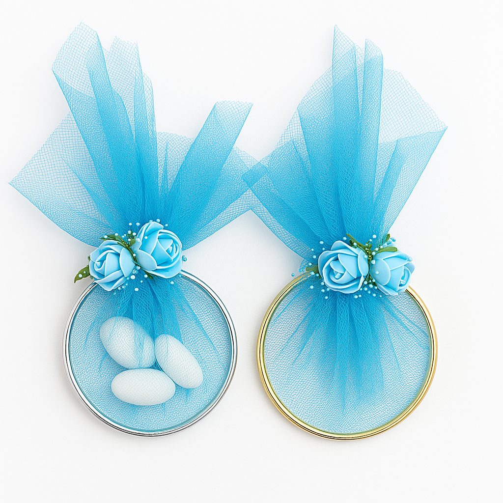 20 pezzi Bomboniera segnaposto in cerchio anello metallico e tulle Celeste con fiore decorazione, adatta a tutte le cerimonie