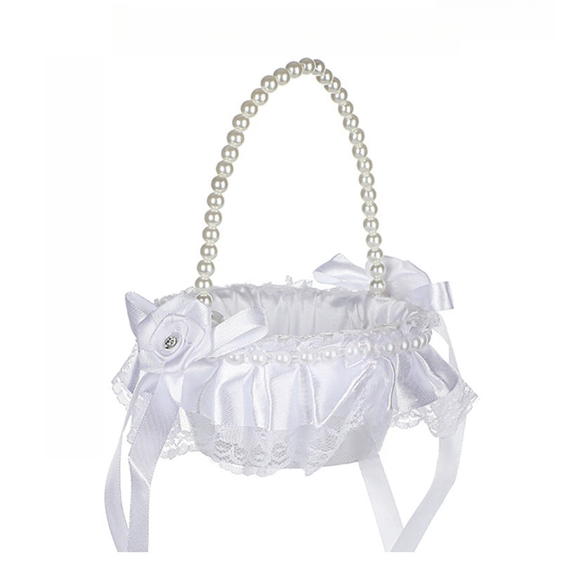 Vinimi Cestino Piccolo 13 * 18cm Decorativo per Matrimonio, Bianco con Pizzo e Fiocchi in Raso, Porta petali, fiori, centrotavolo