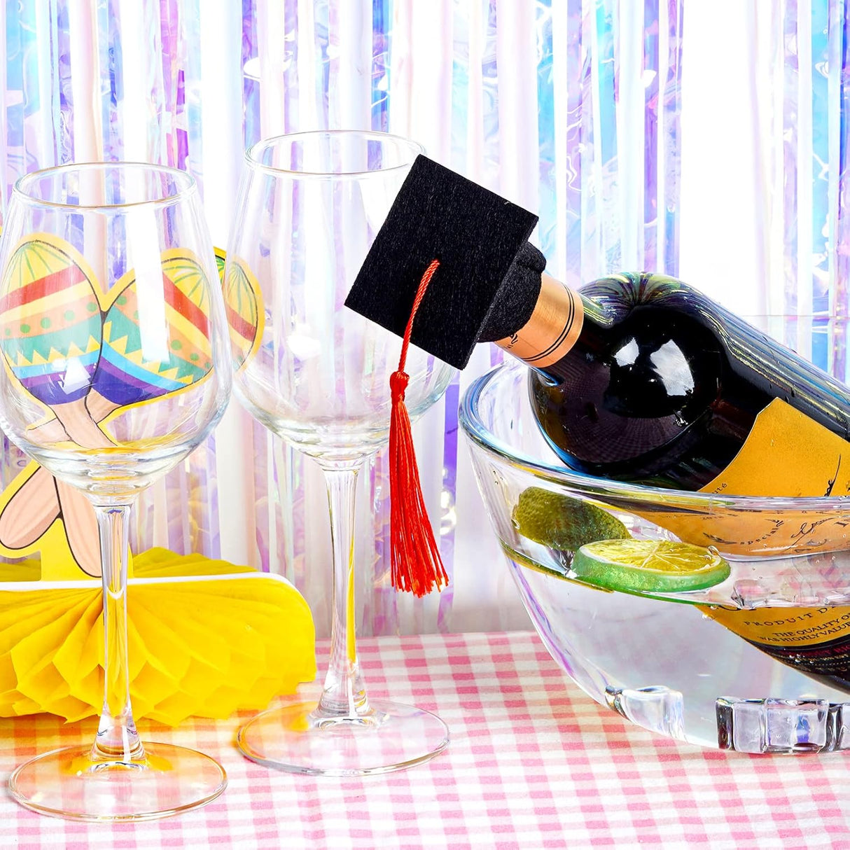 Set di 15 pezzi mini cappelli da laurea berretto dottorato con nappe rosso, decorazione per bottiglie vino bomboniere accessori