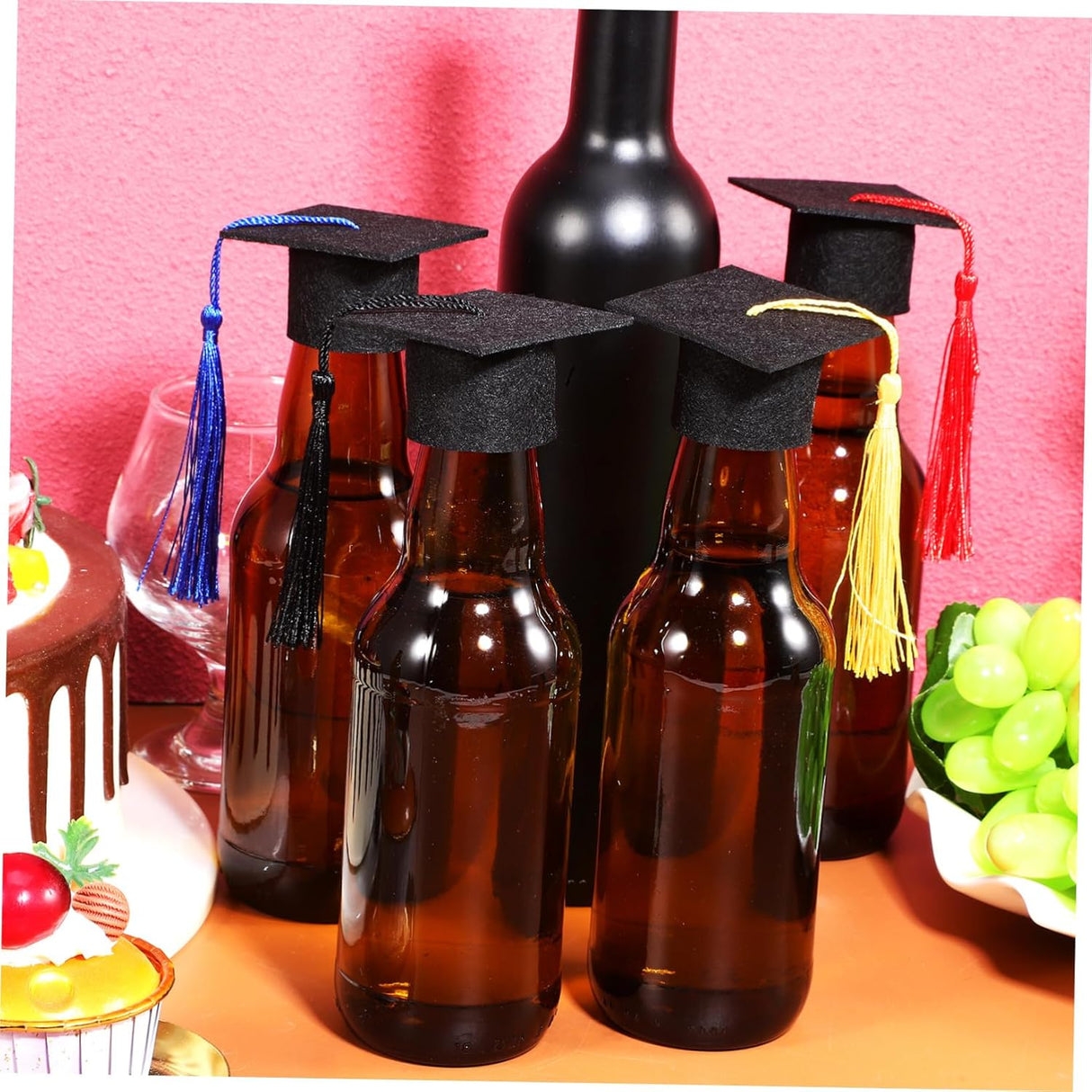 Set di 15 pezzi mini cappelli da laurea berretto dottorato con nappe rosso, decorazione per bottiglie vino bomboniere accessori