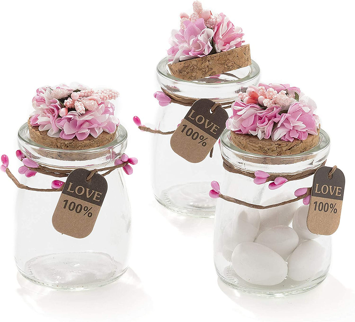 20 Pezzi Barattolo Vetro Con Tappo In Sughero Porta confetti Bomboniera Rosa fiore