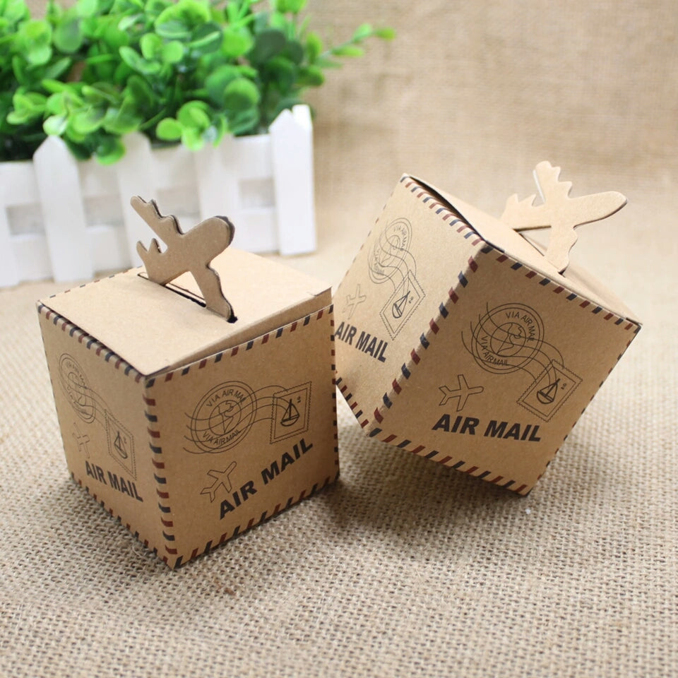 50pz Scatole Cubo Portaconfetti Segnaposto AIR MAIL AEREO Tema Viaggio Mondo