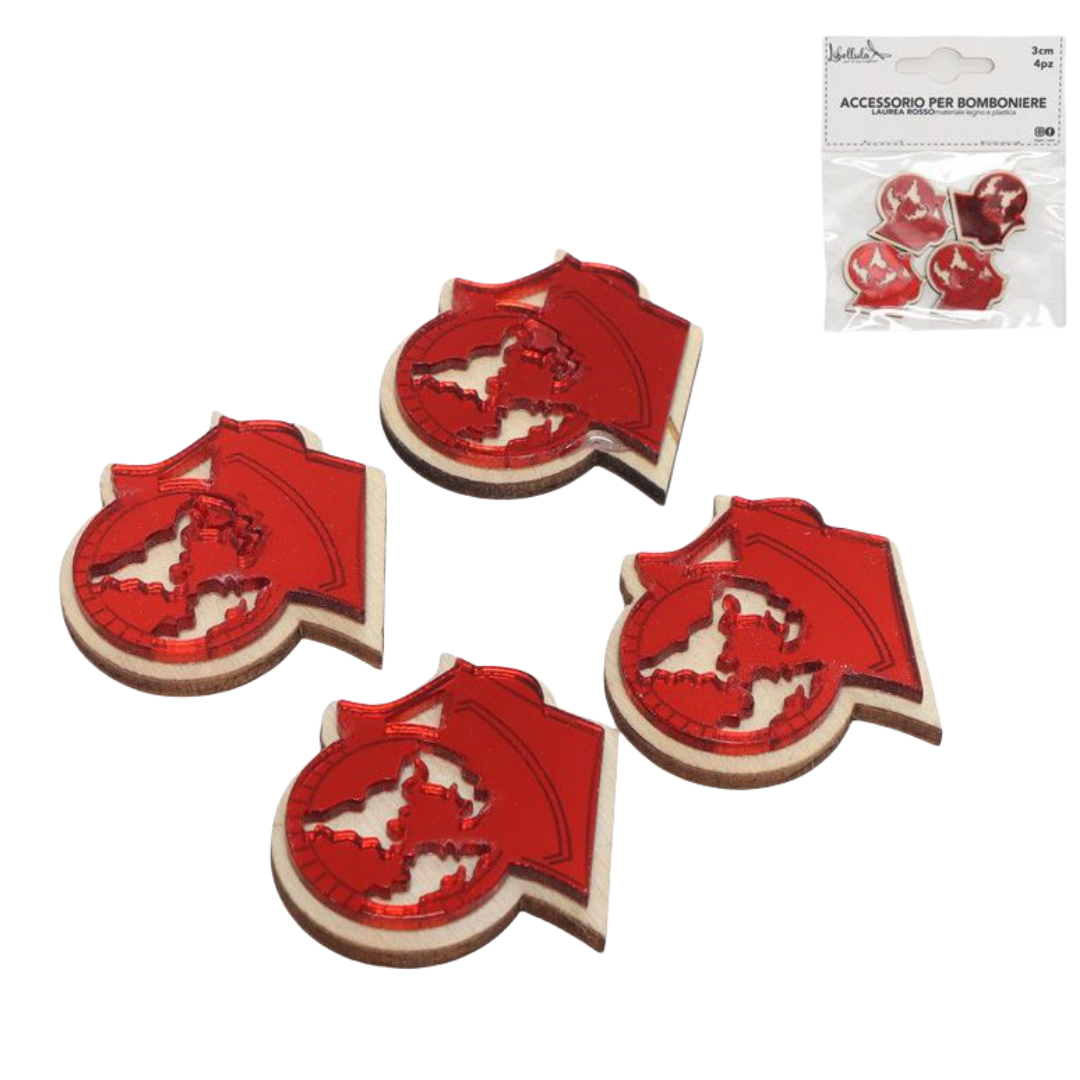 Decorazioni in Legno e Acrilico Laurea con Globo – Rosse, 3 cm, Set da 4 Pezzi