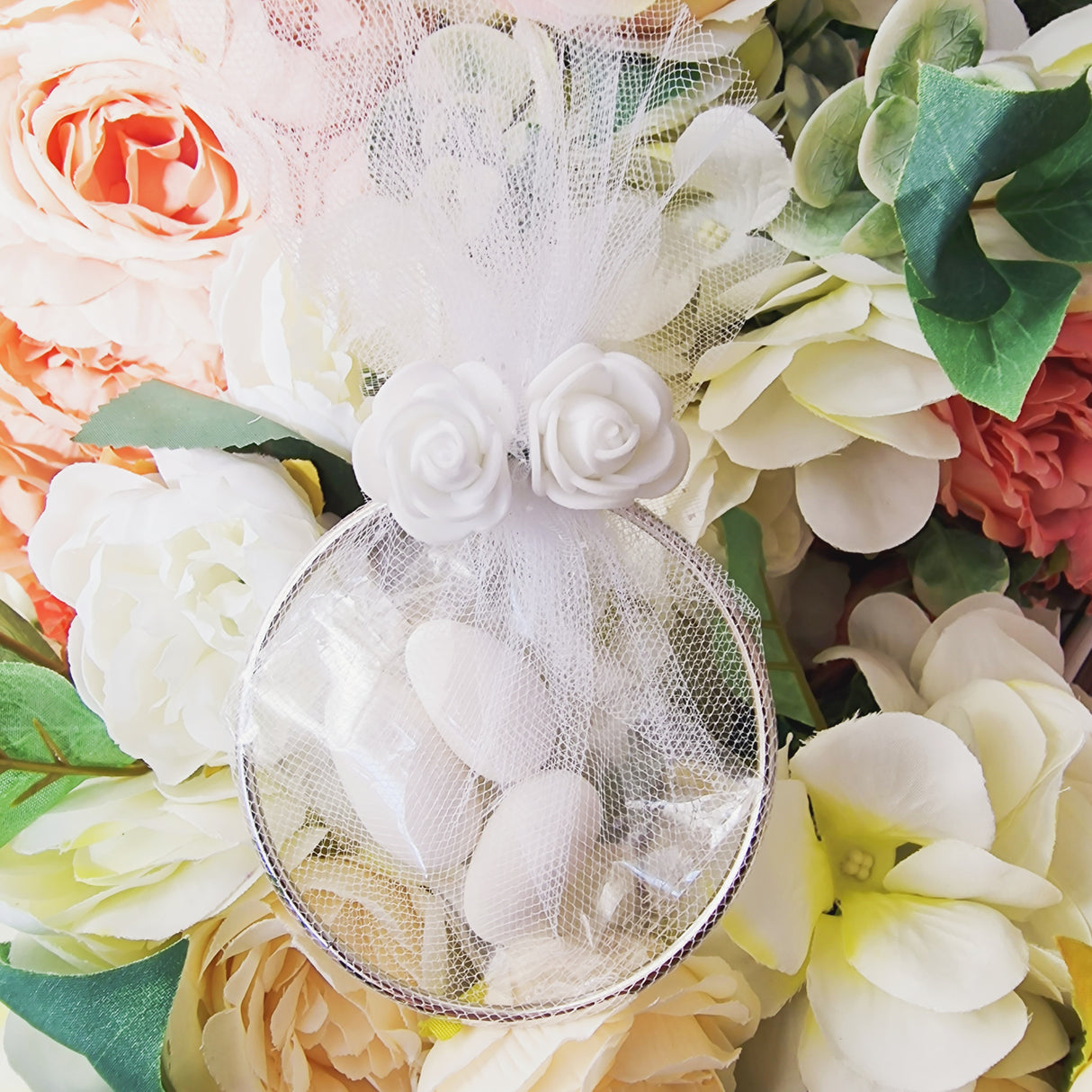 20 pezzi Bomboniera segnaposto in cerchio anello metallico e tulle Bianco con fiore decorazione, adatta a tutte le cerimonie