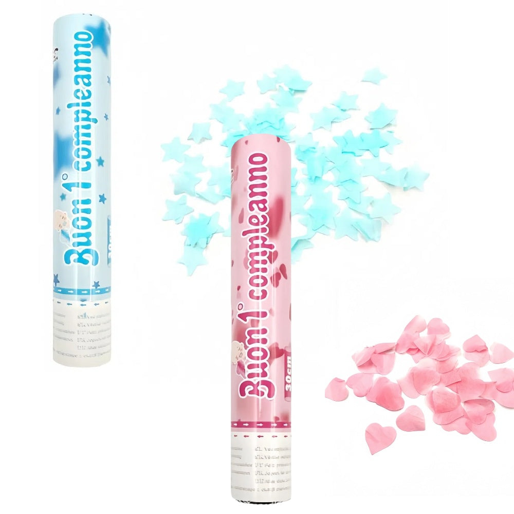 30CM Spara Coriandoli di Buon 1 compleanno a forma di cuore rosa e celeste