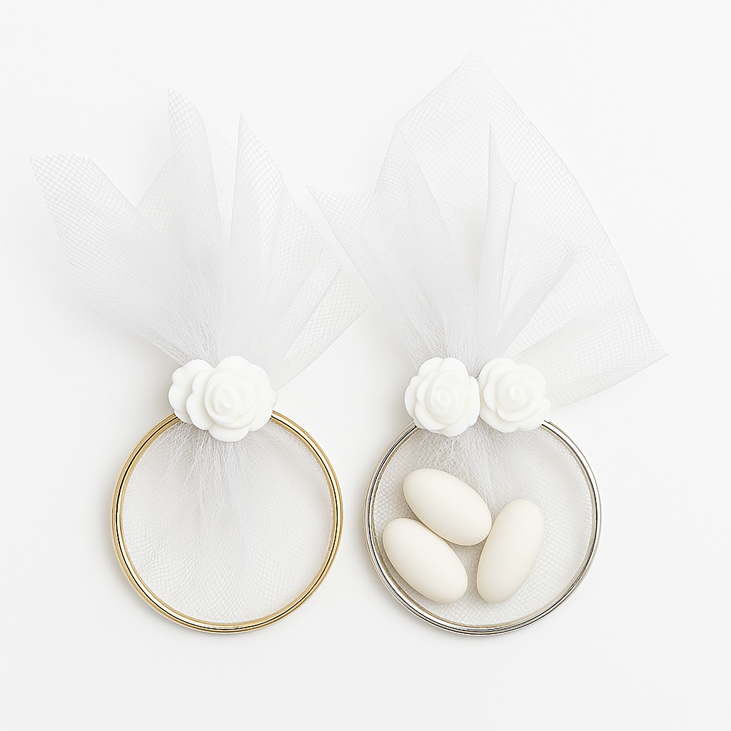 20 pezzi Bomboniera segnaposto in cerchio anello metallico e tulle Bianco con fiore decorazione, adatta a tutte le cerimonie