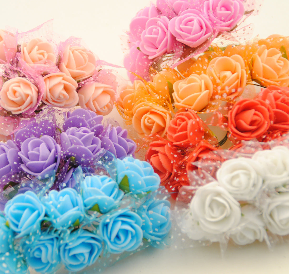 100x Fiorellini Rose ROSA Foam PE Con Organza Neve Bomboniera Fai Da te decorazione