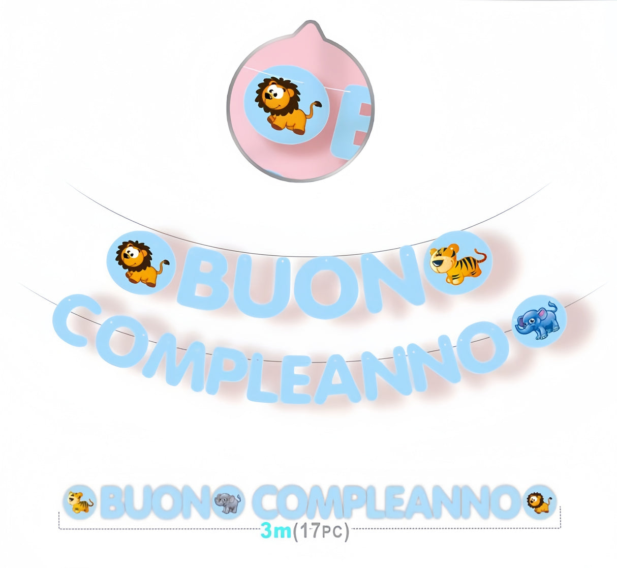 3 metri Ghirlanda Striscia Decorativo BUON COMPLEANNO Blu con Animali