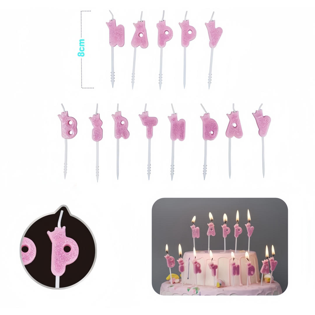Set da 13 pezzi candele HAPPY BIRTHDAY color glitter rosa 8cm