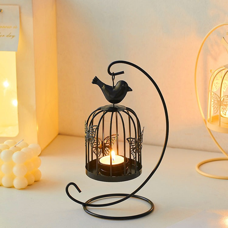 Lanterna portacandela farfalla uccellini nero