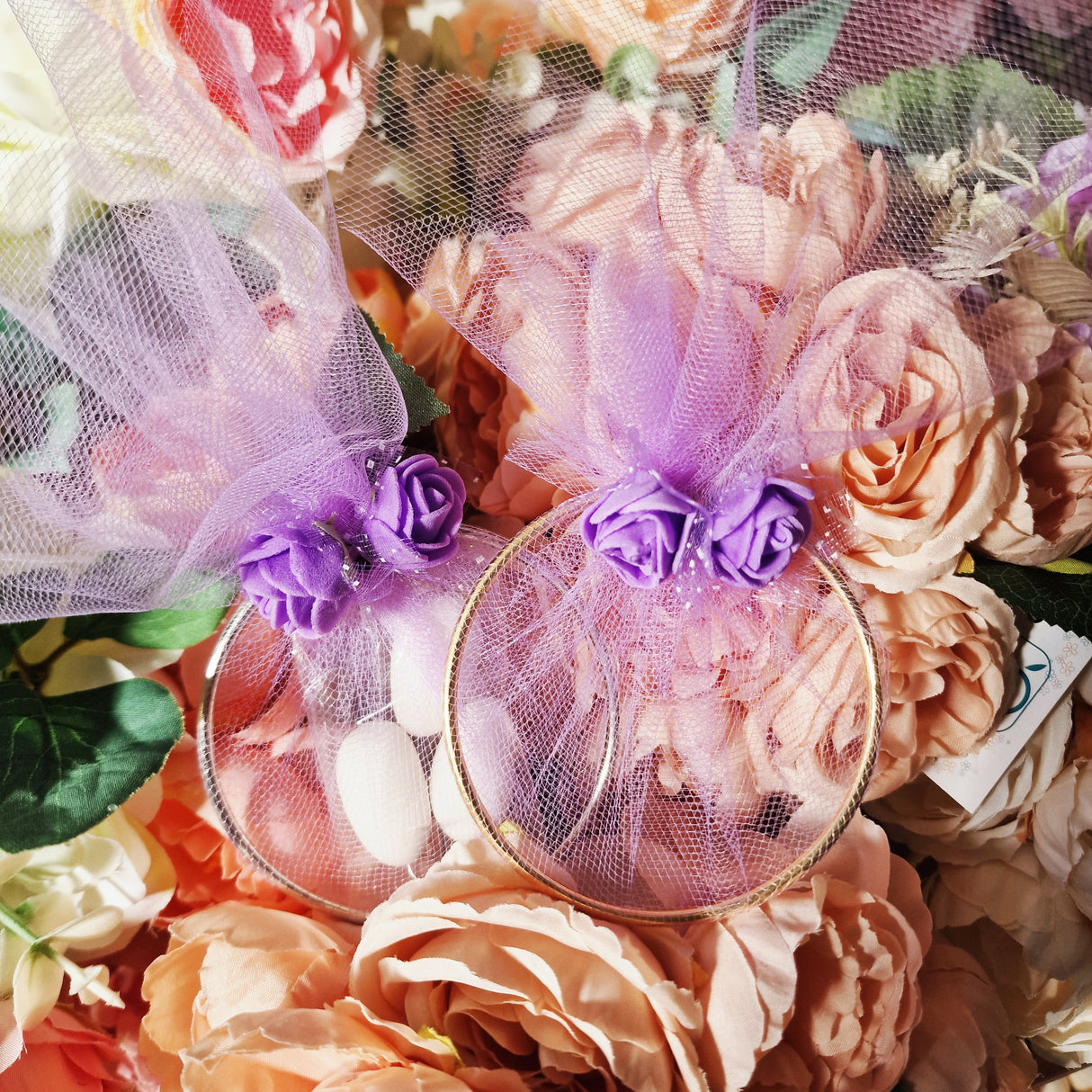 20 pezzi Bomboniera segnaposto in cerchio anello metallico e tulle Lilla con fiore decorazione, adatta a tutte le cerimonie