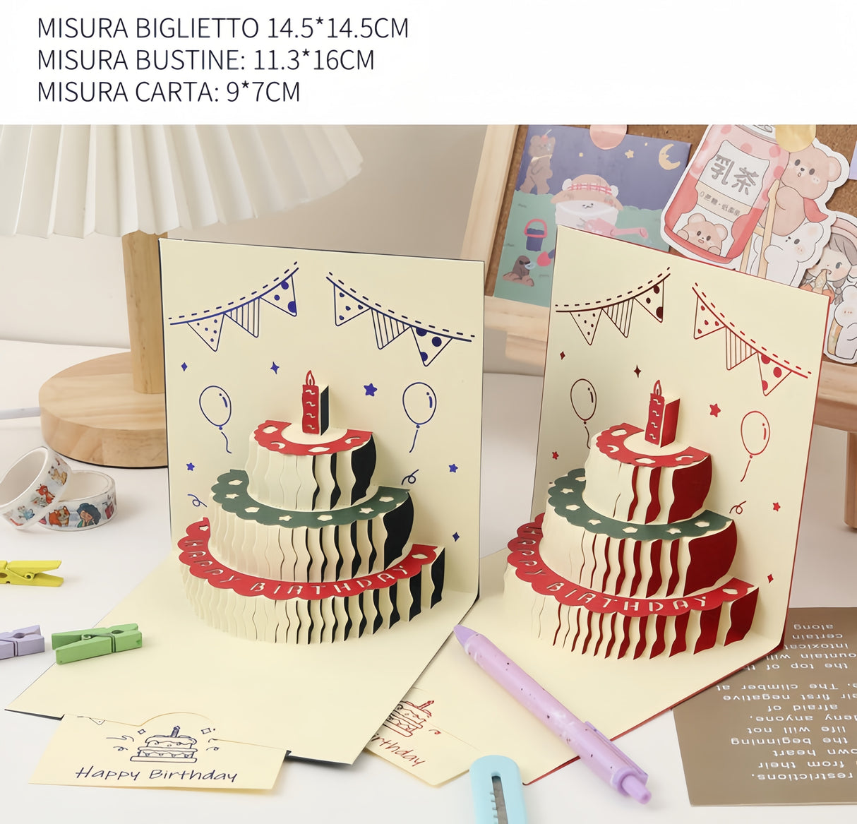 Biglietto di auguri compleanno pop-up 3D con la torta, tagliato con laser
