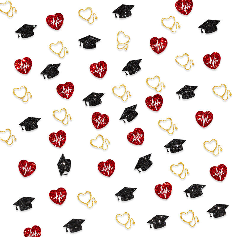 100 Pezzi Coriandoli Decorativi per Festa di Laurea , berretto, Stetoscopio dorato, Elettrocardiogramma rosso