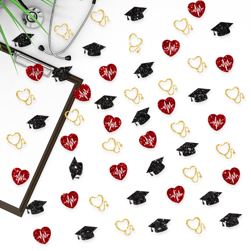 100 Pezzi Coriandoli Decorativi per Festa di Laurea , berretto, Stetoscopio dorato, Elettrocardiogramma rosso