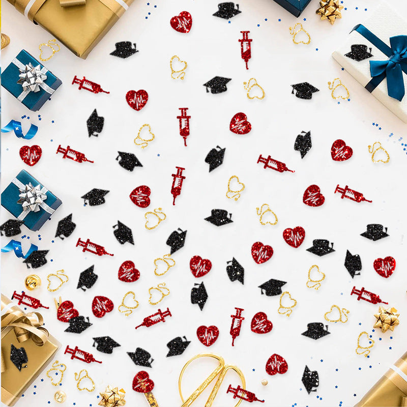 100 Pezzi Coriandoli Decorativi per Festa di Laurea , berretto, Stetoscopio dorato, Elettrocardiogramma rosso