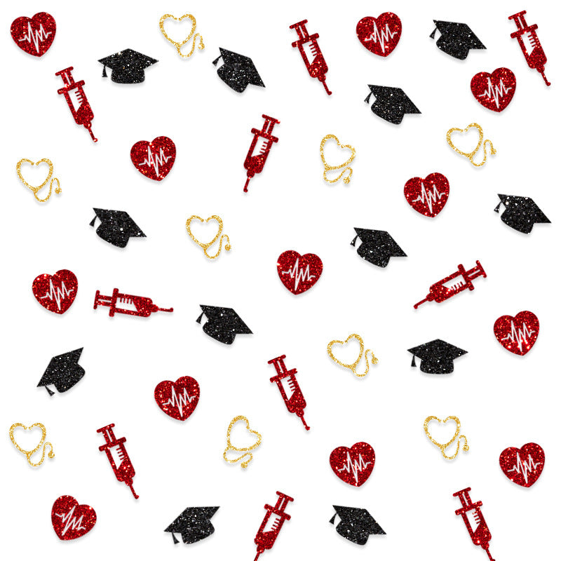 100 Pezzi Coriandoli Decorativi per Festa di Laurea , berretto, Stetoscopio dorato, Elettrocardiogramma rosso