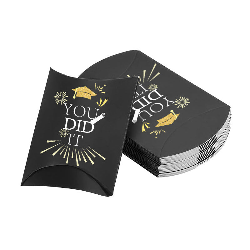 50pz Scatola Cuscino Kraft Portaconfetti Bomboniere Nero Laurea Berretto 'YOU DID IT'