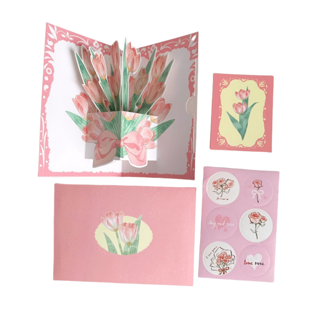 Biglietto di Auguri 3D Pop-Up con Fiori Acquerello – Design Vintage e Romantico, Set con Adesivi e Busta – 15x10 cm
