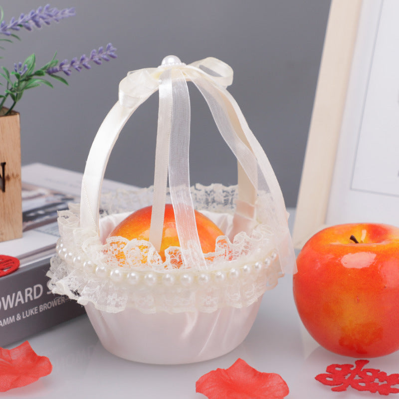 Vinimi Cestino Piccolo 13 * 18cm Decorativo per Matrimonio, Bianco con Pizzo e Fiocchi in Raso, Porta petali, fiori, centrotavolo
