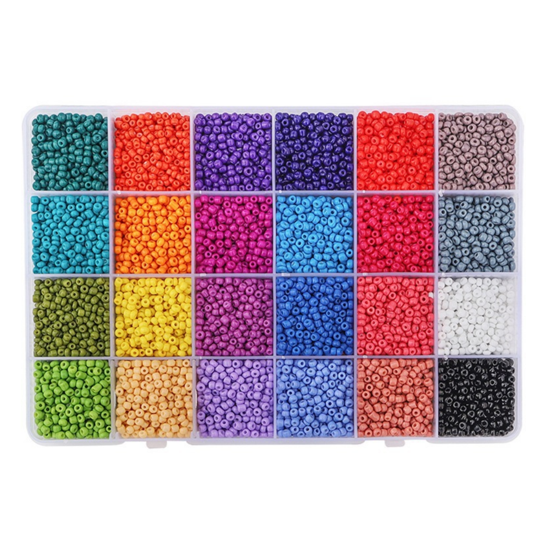 Perline di Vetro, 7200 Pezzi Perline per Braccialetti, 24 Colori Kit Perline 3mm con Scatola Organizer, Kit Bigiotteria Fai Da Te per Bambini e Adulti