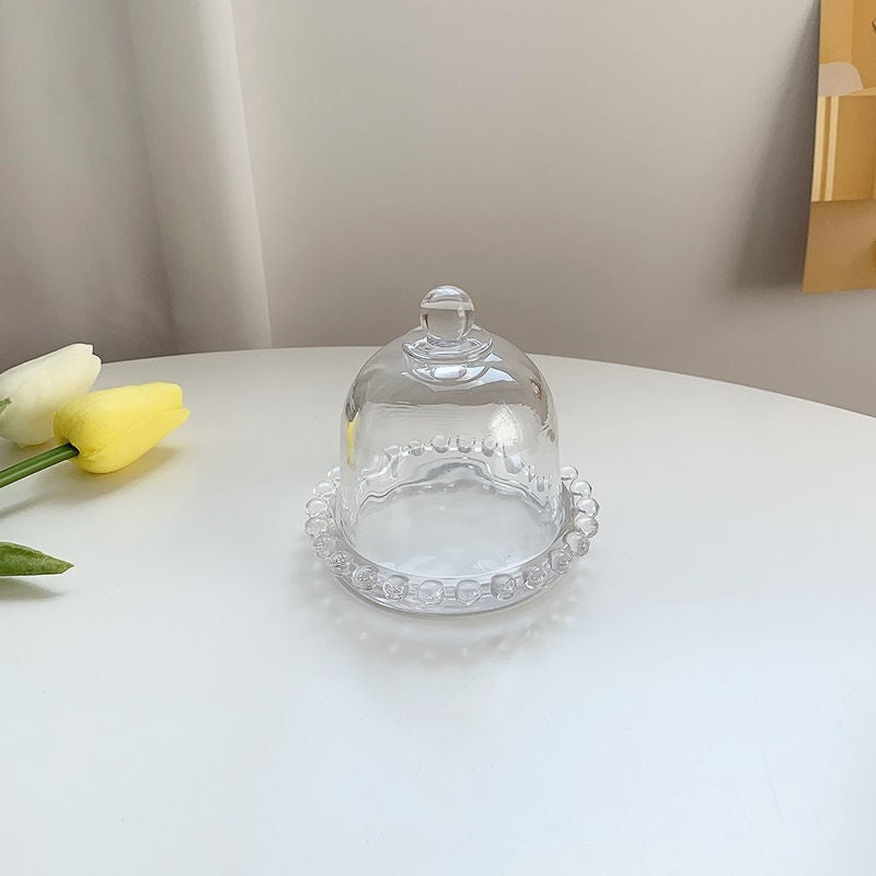 Mini Cupola in Vetro Trasparente con Vassoio Decorato – Mini Campana in Vetro per Dolci, Bomboniere, Fiori Preservati, Decorazioni Tavola, Regali
