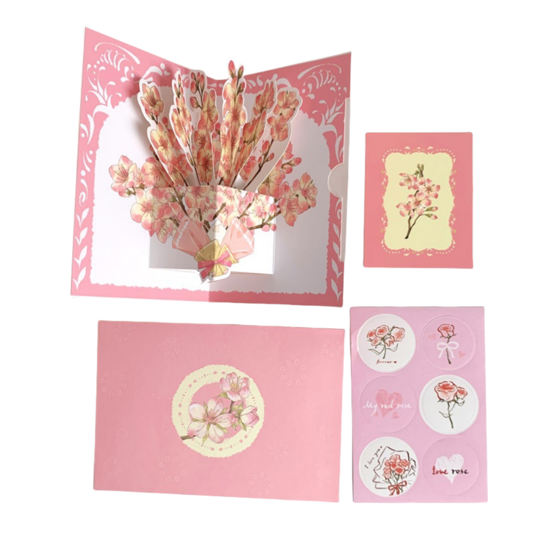 Biglietto di Auguri 3D Pop-Up con Fiori Acquerello – Design Vintage e Romantico, Set con Adesivi e Busta – 15x10 cm