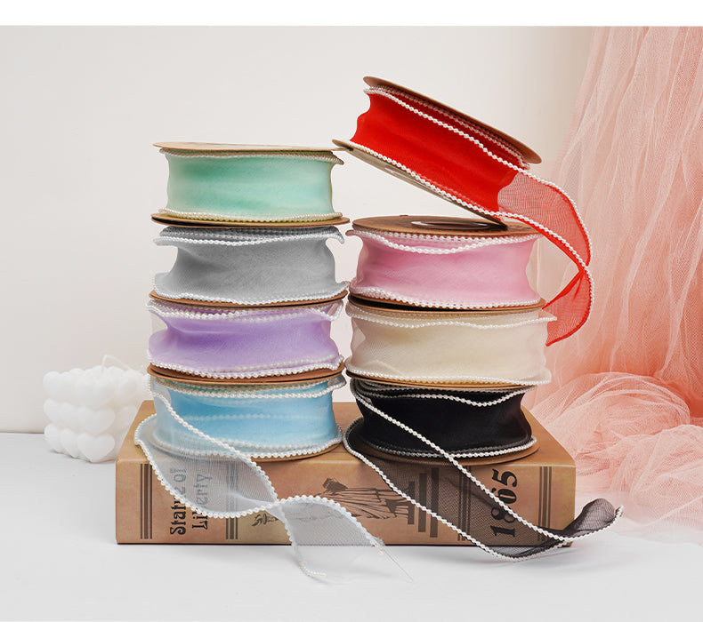 5 yard Nastro in chiffon con bordo animato le perle forma ondulata