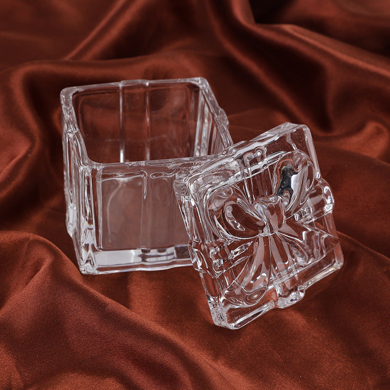 Bomboniera scatolina vetro trasparente quadrata con fiocco Barattolo elegante con coperchio Porta confetti bijoux Elegante Regalo