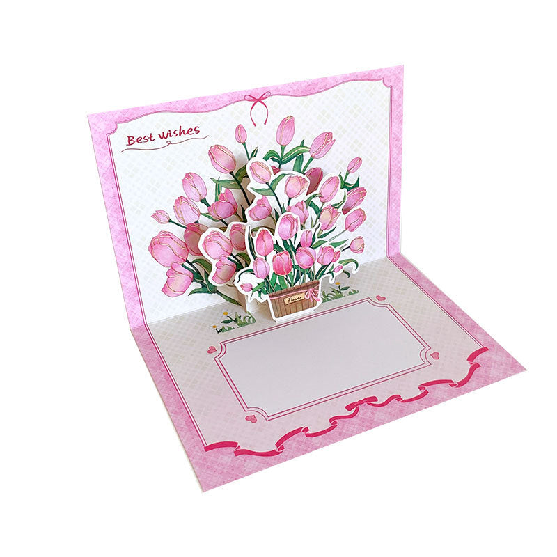 Biglietto di Auguri 3D con Tulipani Rosa – Design Pop-Up Creativo, 10x15 cm