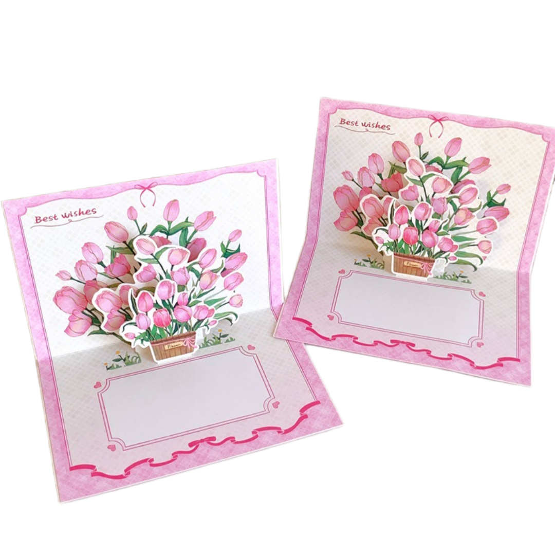 Biglietto di Auguri 3D con Tulipani Rosa – Design Pop-Up Creativo, 10x15 cm