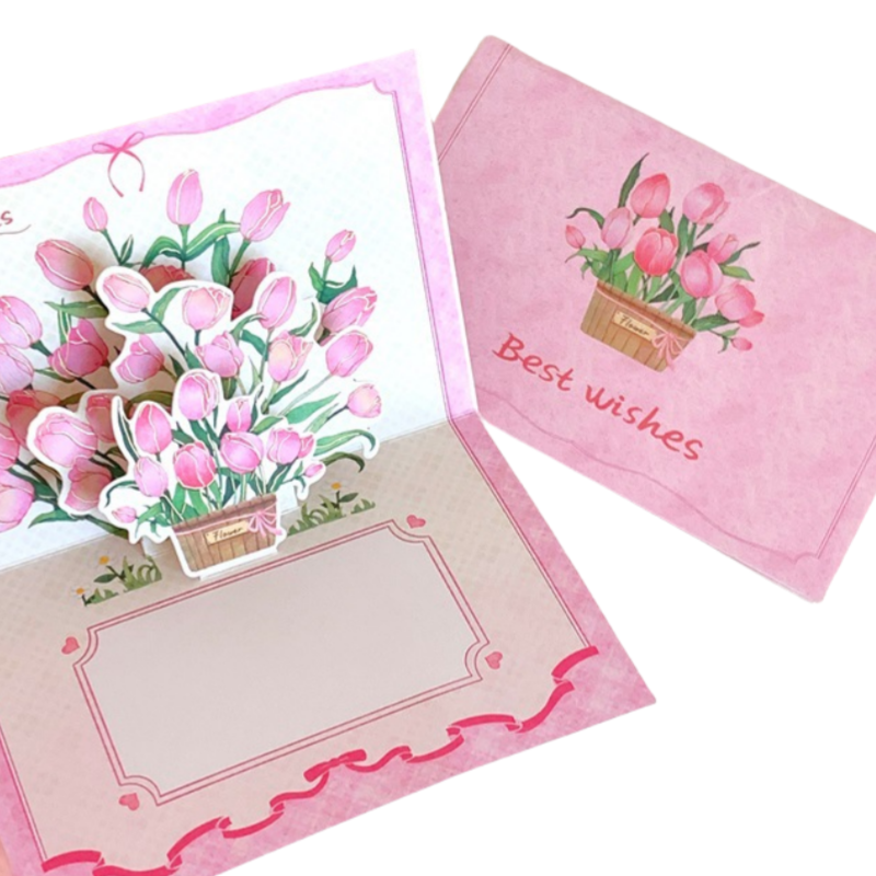 Biglietto di Auguri 3D con Tulipani Rosa – Design Pop-Up Creativo, 10x15 cm