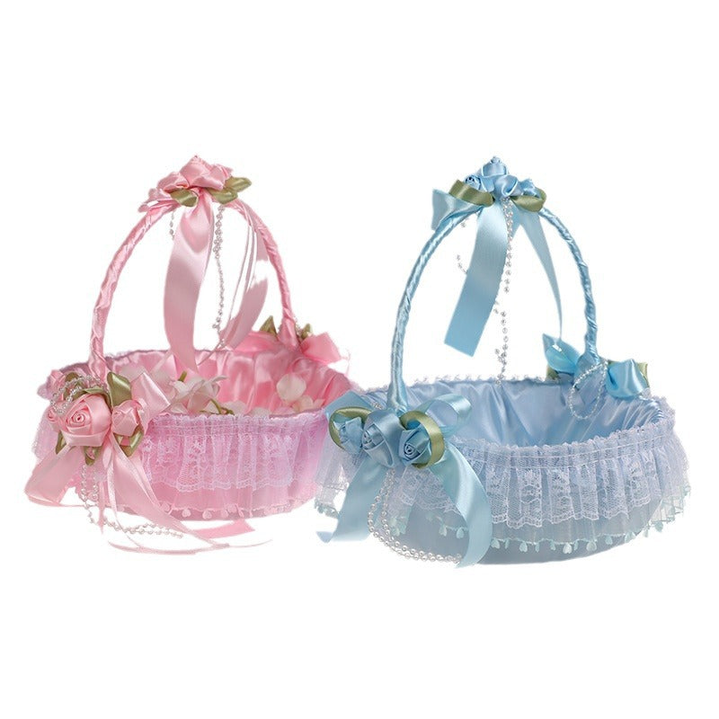 Cestino Vimini Decorativo per Cerimonie, 21x25 cm,con Nastri e Pizzo, Porta Fiori,Lancio di Petali e Bouquet da Sposa Per damigelle