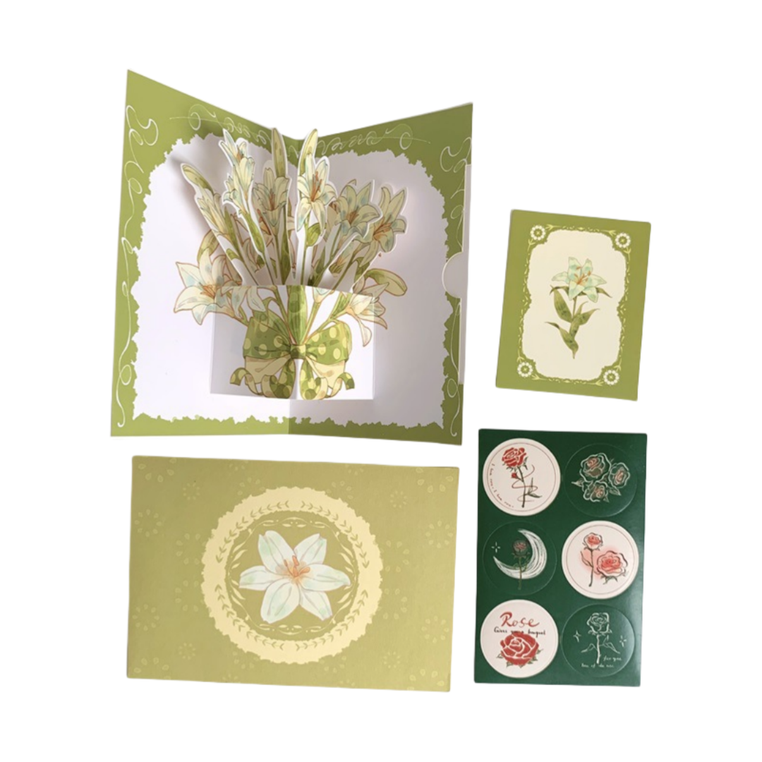 Biglietto di Auguri 3D Pop-Up con Fiori Acquerello – Design Vintage e Romantico, Set con Adesivi e Busta – 15x10 cm