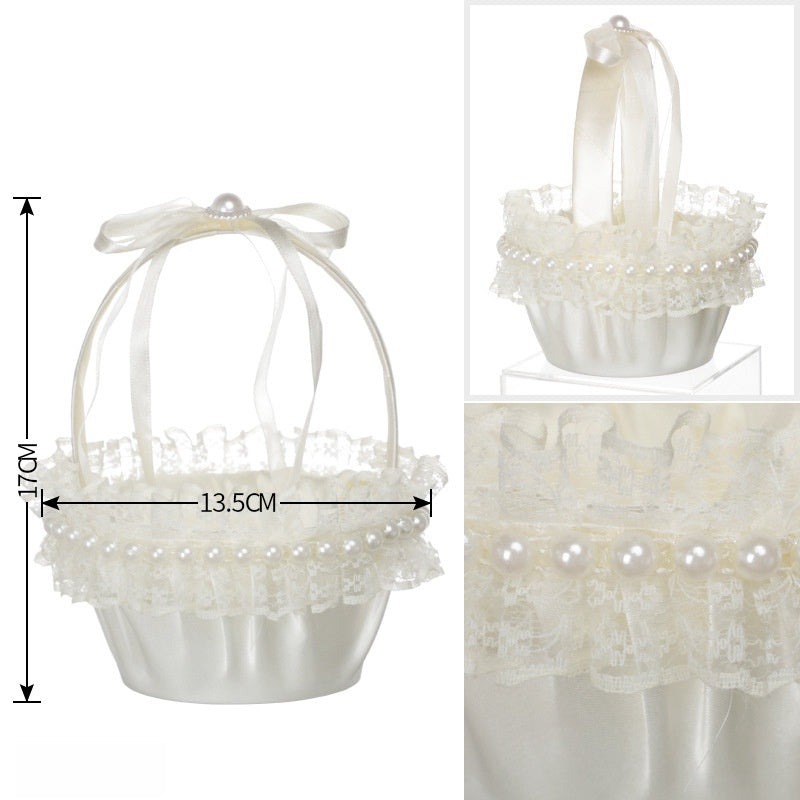 Vinimi Cestino Piccolo 13 * 18cm Decorativo per Matrimonio, Bianco con Pizzo e Fiocchi in Raso, Porta petali, fiori, centrotavolo