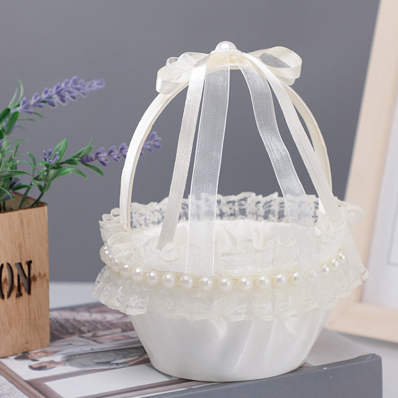 Vinimi Cestino Piccolo 13 * 18cm Decorativo per Matrimonio, Bianco con Pizzo e Fiocchi in Raso, Porta petali, fiori, centrotavolo