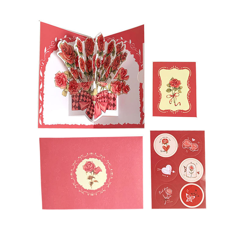 Biglietto di Auguri 3D Pop-Up con Fiori Acquerello – Design Vintage e Romantico, Set con Adesivi e Busta – 15x10 cm