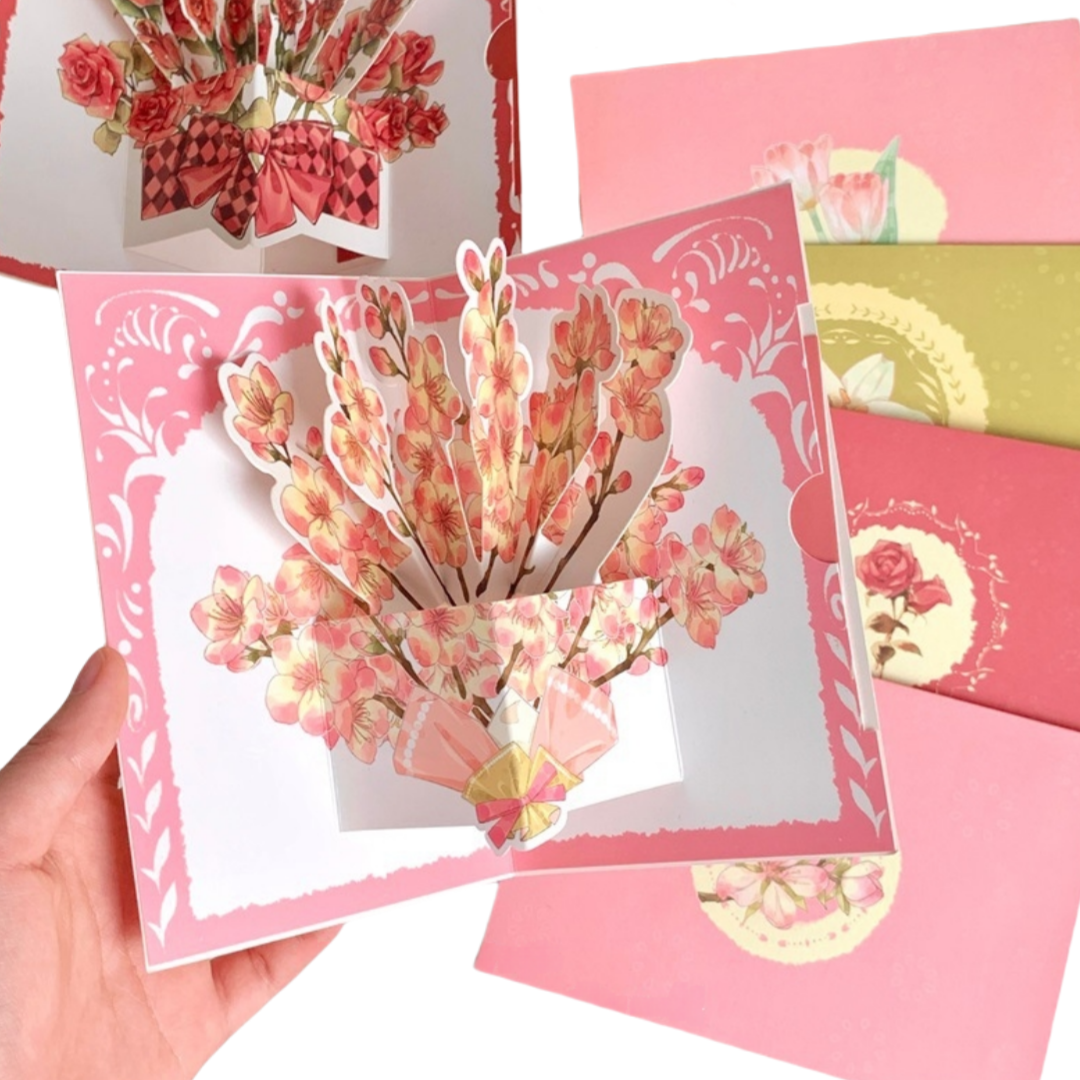 Biglietto di Auguri 3D Pop-Up con Fiori Acquerello – Design Vintage e Romantico, Set con Adesivi e Busta – 15x10 cm