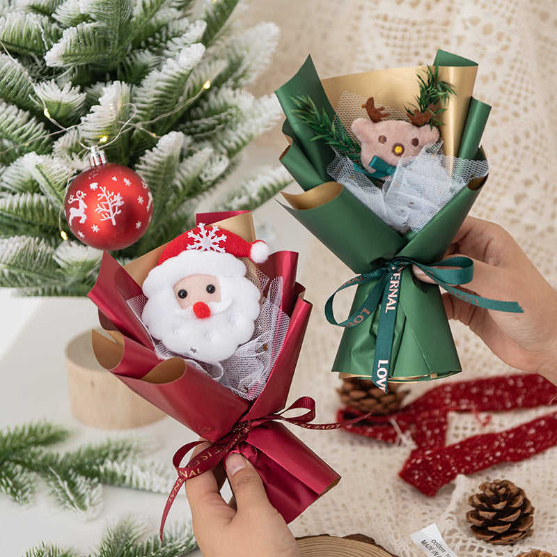 Set di 2 Mini Bouquet Natalizi Decorativi con Babbo Natale e Renna, Confezioni Regalo per Feste con Fiocchi Rosso e Verde, Decorazioni Natalizie per Casa e Ufficio