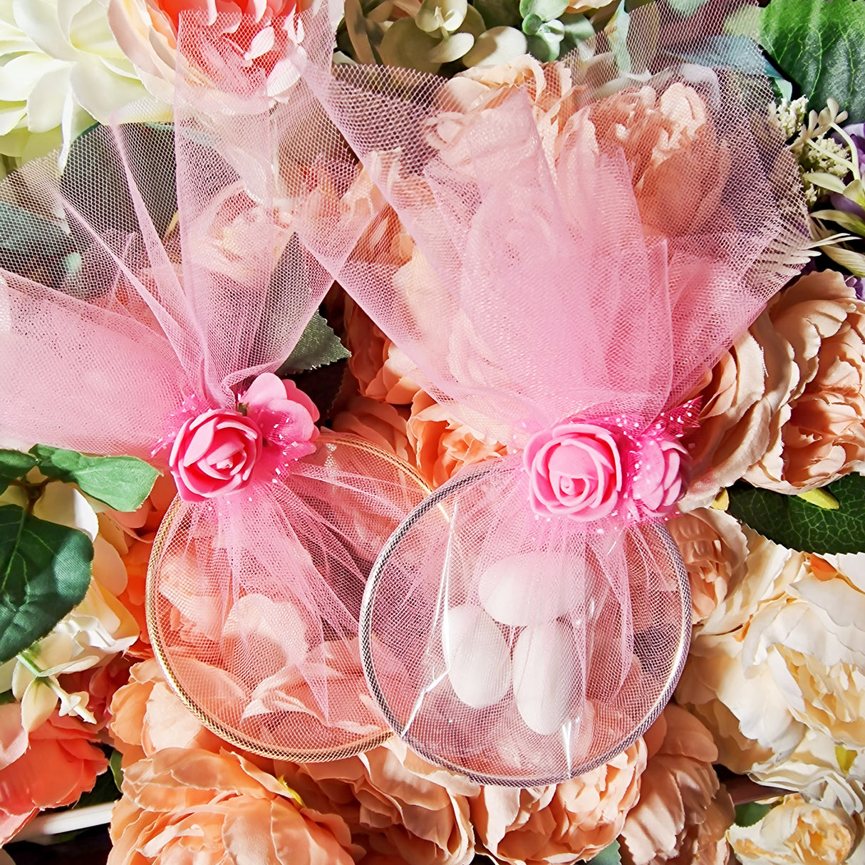 20 pezzi Bomboniera segnaposto in cerchio anello metallico e tulle Rosa con fiore decorazione, adatta a tutte le cerimonie