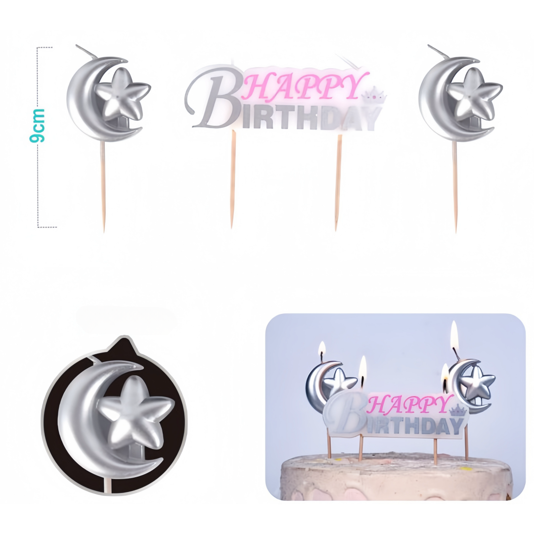 Set da 3 pezzi candele HAPPY BIRTHDAY luna stella argento 9cm